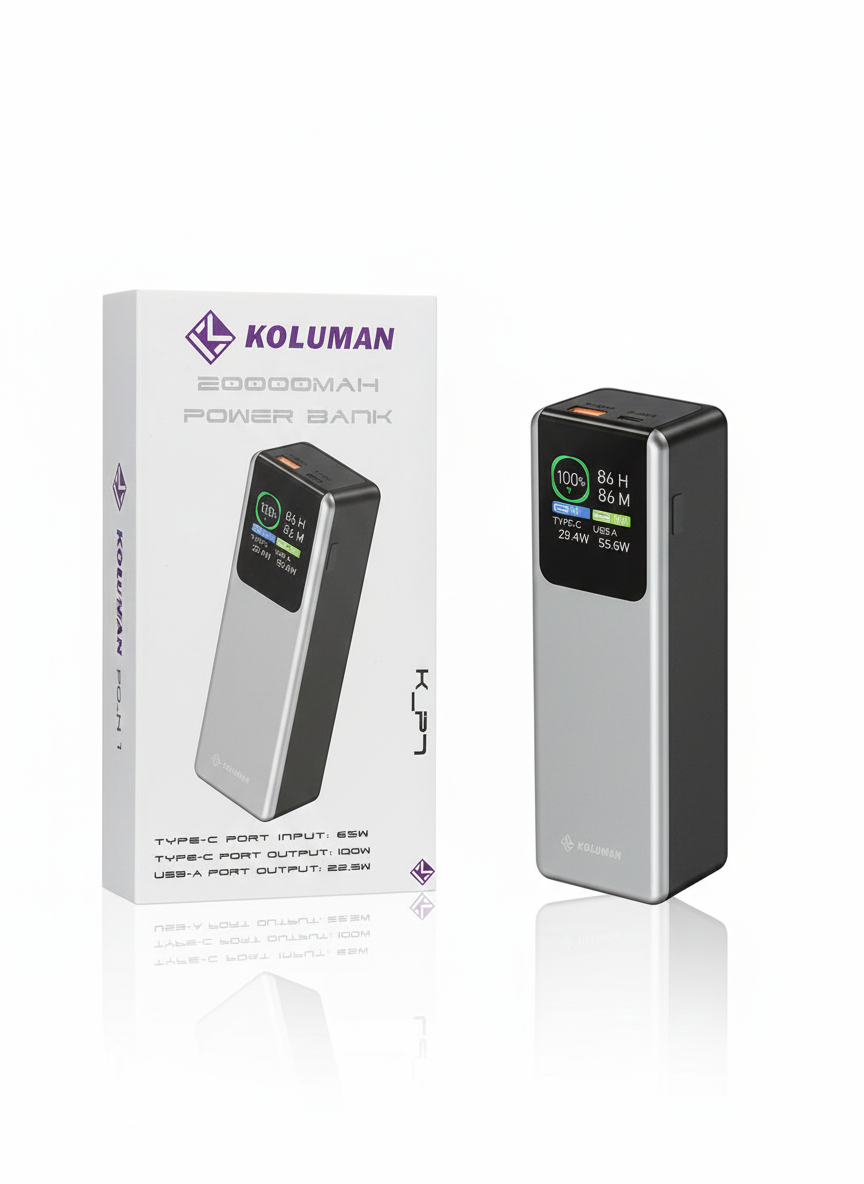 پاوربانک KOLUMAN K-P7 ظرفیت 20000 میلی‌آمپر با خروجی 100 وات و ورودی Type-C 65W