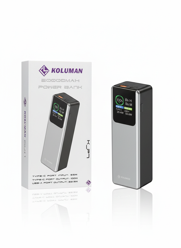 پاوربانک KOLUMAN K-P7 ظرفیت 20000 میلیآمپر با خروجی 100 وات و ورودی Type-C 65W