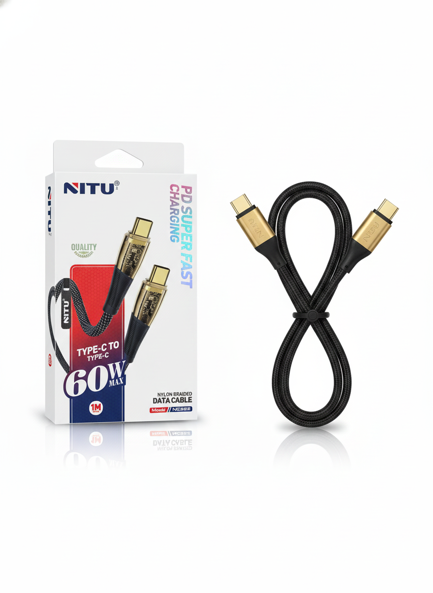 کابل دیتای تایپ C نیتو NITU NC322 با شارژ سریع 60 وات و روکش نایلونی