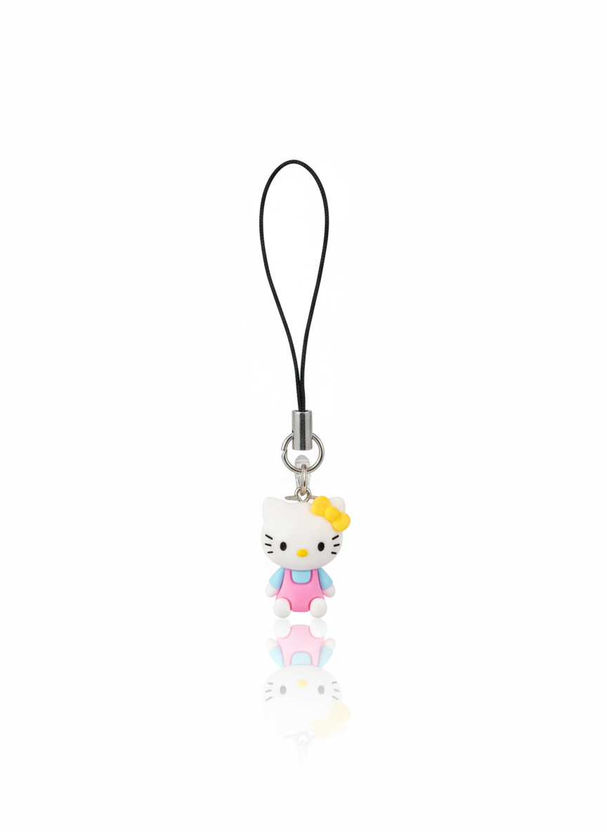 آویز موبایل فانتزی طرح شخصیت هلو کیتی با لباس صورتی و آبی و پاپیون زرد (Hello Kitty)