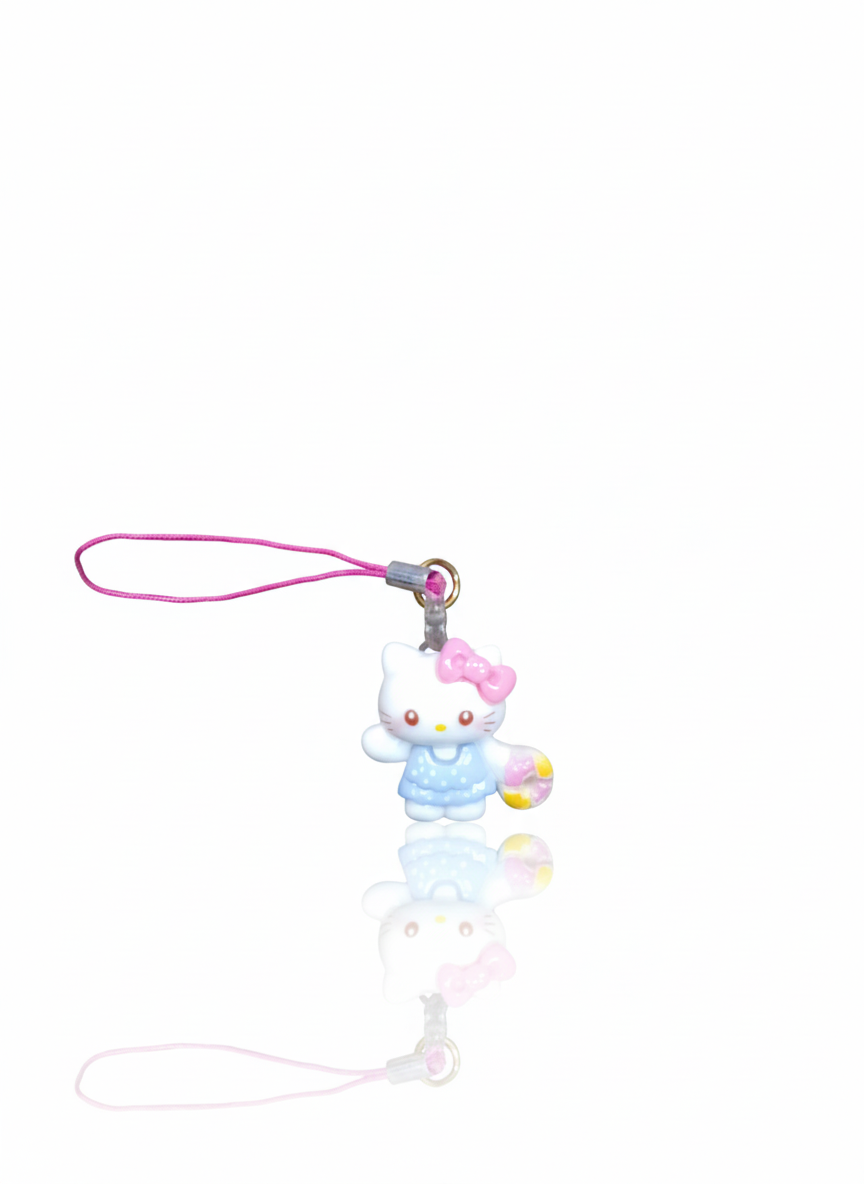آویز موبایل فانتزی طرح شخصیت هلو کیتی آبی کم رنگ و پاپیون صورتی (Hello Kitty)