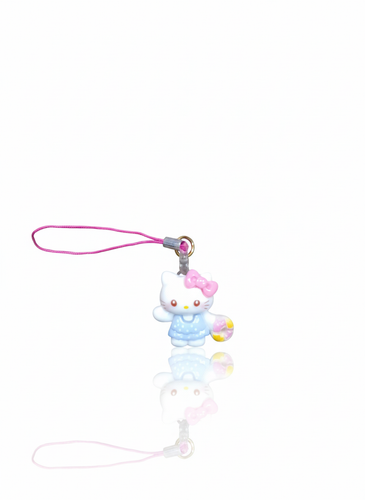 آویز موبایل فانتزی طرح شخصیت هلو کیتی آبی کم رنگ و پاپیون صورتی (Hello Kitty)