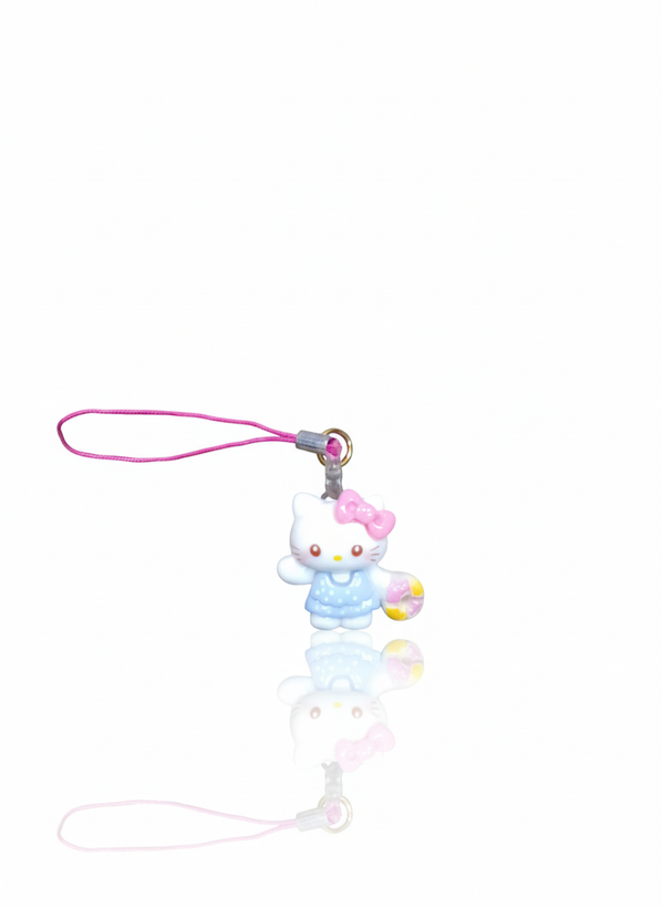 آویز موبایل فانتزی طرح شخصیت هلو کیتی آبی کم رنگ و پاپیون صورتی (Hello Kitty)
