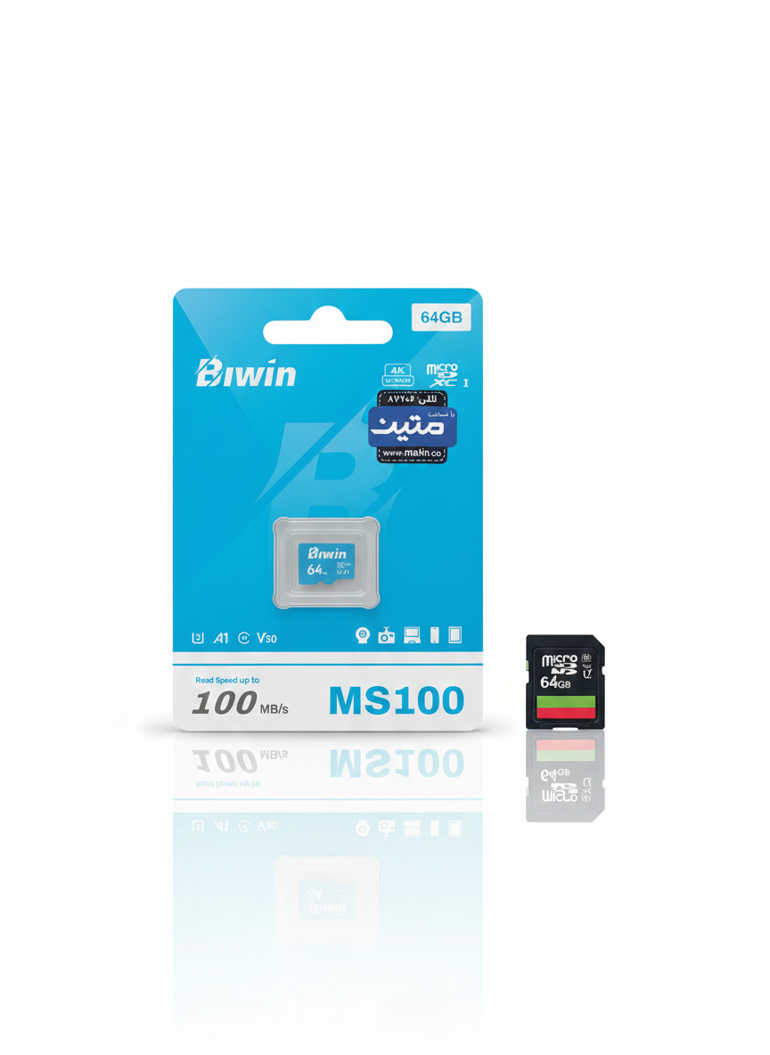 کارت حافظه microSDXC بایوین مدل MS100 کلاس ۱۰ استاندارد UHS-I U3 سرعت ۱۰۰MB/s ظرفیت ۶۴ گیگابایت