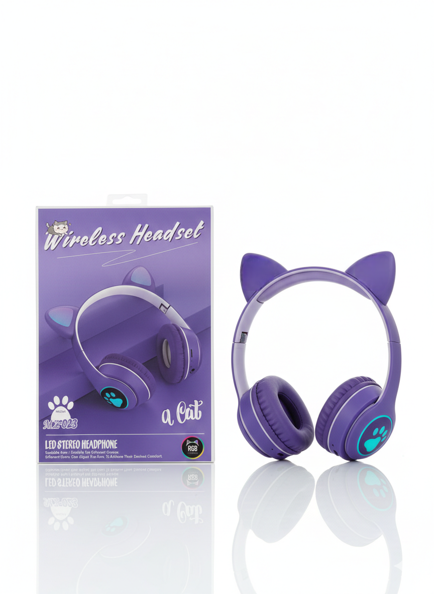 هدفون بی سیم طرح گربه مدل MZ-023 با گوشهای چراغدار (RGB)
