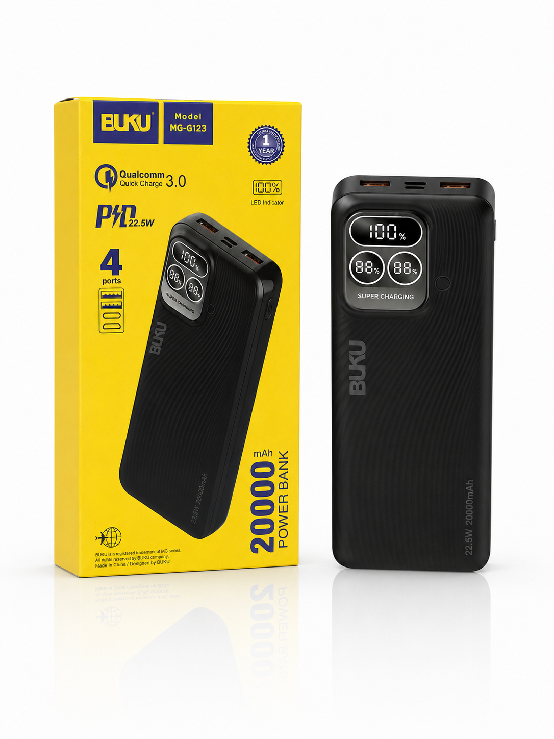 پاوربانک BUKU مدل MG-G123 ظرفیت 20000 میلی‌آمپر ساعت با توان 22.5 وات