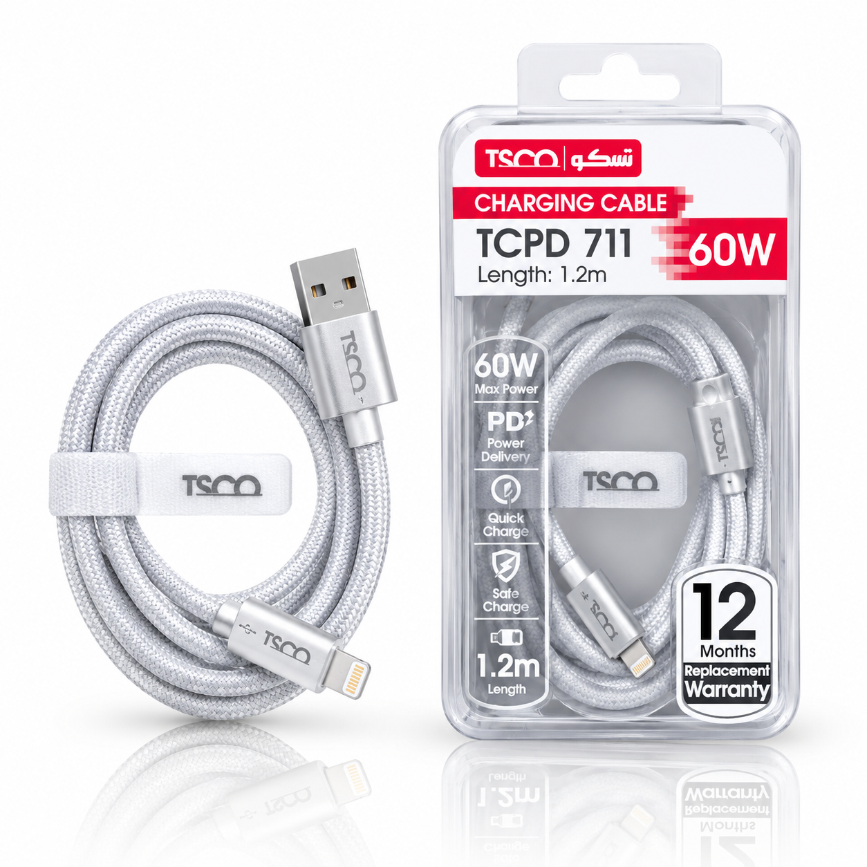 کابل شارژ لایتنینگ تسکو مدل TCPD 711 توان ۶۰ وات طول ۱.۲ متر